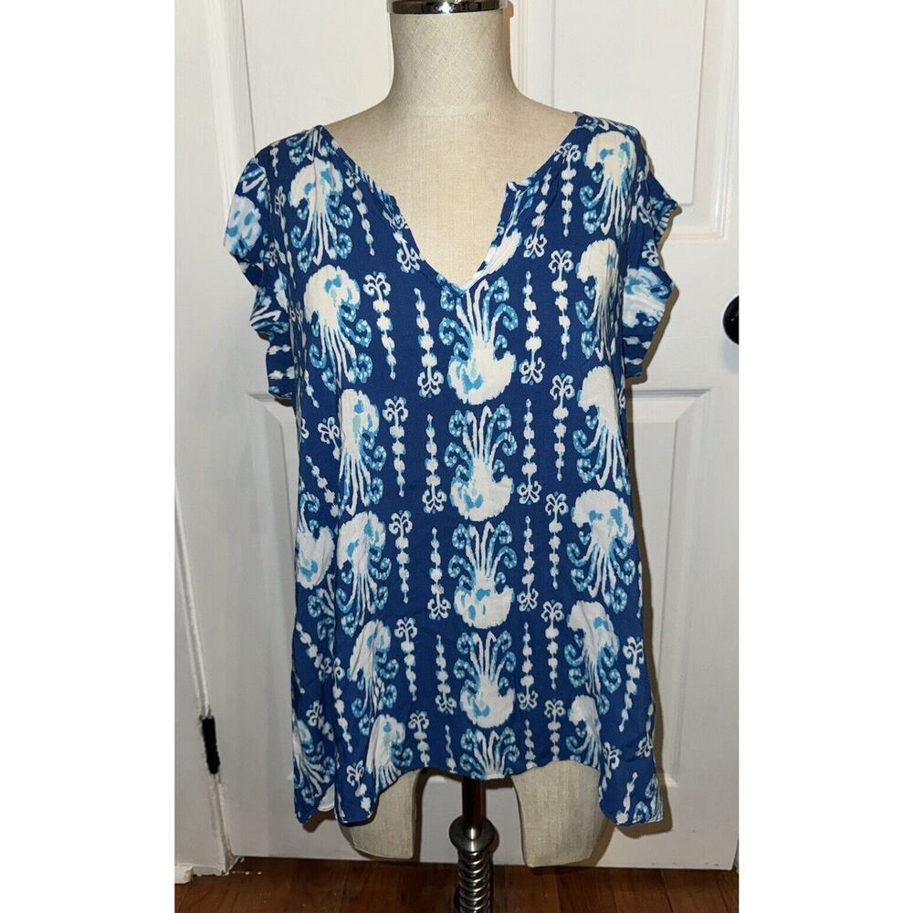 Lilly Pulitzer‎ Blouse Size M Shelley Top Get In Line Blue Jellyfish Print